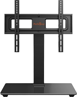 A black metal TV stand with a swivel base and two glass shelves that can hold a large flat-screen TV and other devices. The product name and brand are displayed on the bottom right corner of the image.
